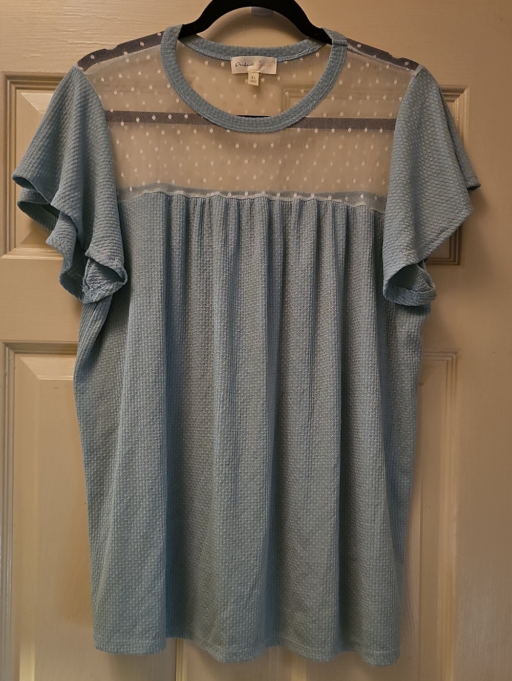 Perfect Peach Light Blue Dot Mesh Flutter Sleeve Top